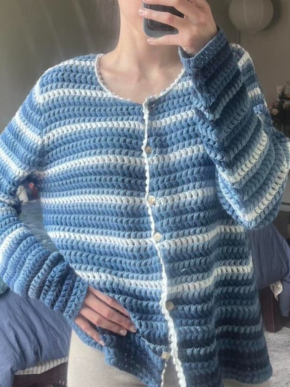 Christopher and Banks blue and white striped crochet cardigan